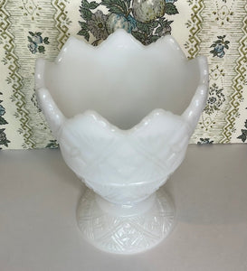 Vintage E.O. Brody White Milk Glass Sawtooth Edge, Star Pattern Vase
