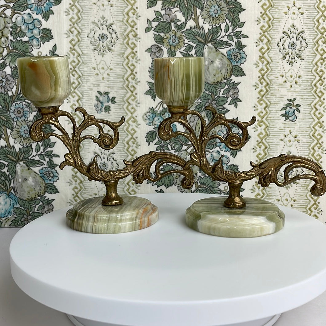 Vintage Onyx and Brass Candlestick Pair: Elegant Art Nouveau Home Decor Accent