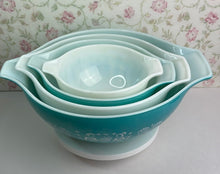 Load image into Gallery viewer, Blue Turquoise and White Pyrex Amish Butterprint Cinderella Mixing Bowls - Set of 4