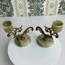 Load image into Gallery viewer, Vintage Onyx and Brass Candlestick Pair: Elegant Art Nouveau Home Decor Accent