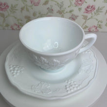 Load image into Gallery viewer, Vintage Milk Glass Teacup and Saucer Set, Grapes and leaves Harvest pattern, Indiana Glass