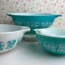 Load image into Gallery viewer, Blue Turquoise and White Pyrex Amish Butterprint Cinderella Mixing Bowls - Set of 4