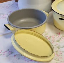 Load image into Gallery viewer, Enamelware lined yellow and gray pot with cover