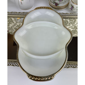 Anchor Hocking Fire King Ware Milk Glass Divided Serving Dish with Gold Trim