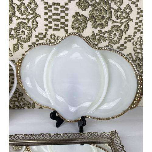 Anchor Hocking Fire King Ware Milk Glass Divided Serving Dish with Gold Trim