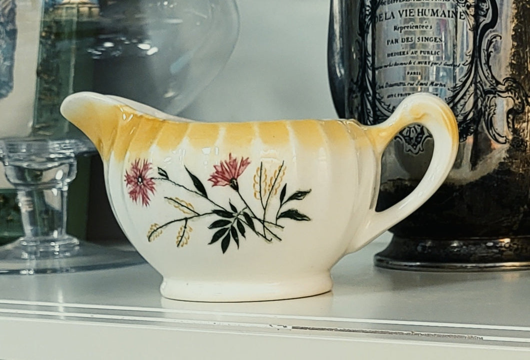 Vintage Creamer with Scalloped Edge and Yellow Ombre with Floral Design