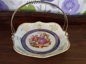 Vintage Porcelain Lusterware Candy Dish/Basket with Removeable Metal Bale Handle