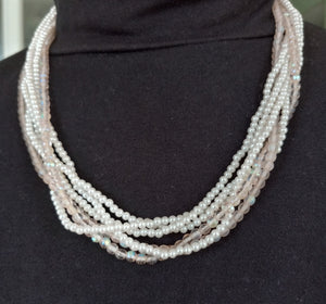 Vintage Napier White 6 strand 20" Necklace - 4 Strands of Faux Seed Pearls and 2 Strands of Pinkish Plastic Beads