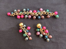 Load image into Gallery viewer, Vintage Multicolored Plastic Bead Bracelet and 3&quot; Dangling Pierced Earring Set