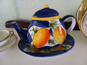 California Pantry Classic Ceramics, Blue Teapot with Tray