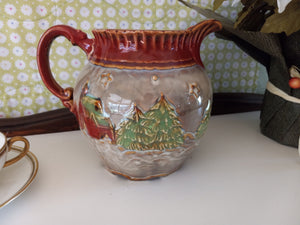 Winter Scene Pitcher with Embossed Log Cabin and Pine Trees