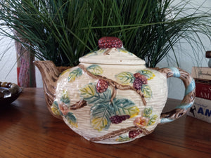 Vintage Haldon Group Blackberries and Vines Teapot, Ceramic Cottage Basket Weave Teapot