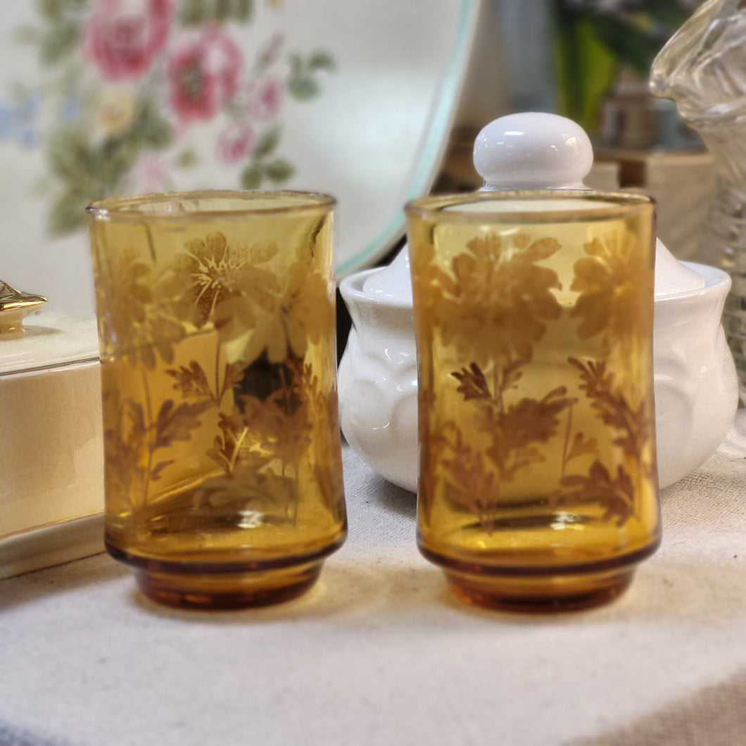 Vintage Libbey Floral Amber Juice Glasses Set of 2