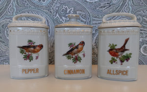 Antique Porcelain German Made Spice Jars with Hand Painted Birds - Set of 3