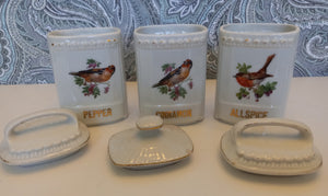 Antique Porcelain German Made Spice Jars with Hand Painted Birds - Set of 3