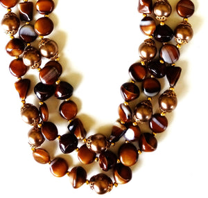 Vintage Trifari Brown Tones Tiger Eye Bead Double Strand 20" Necklace