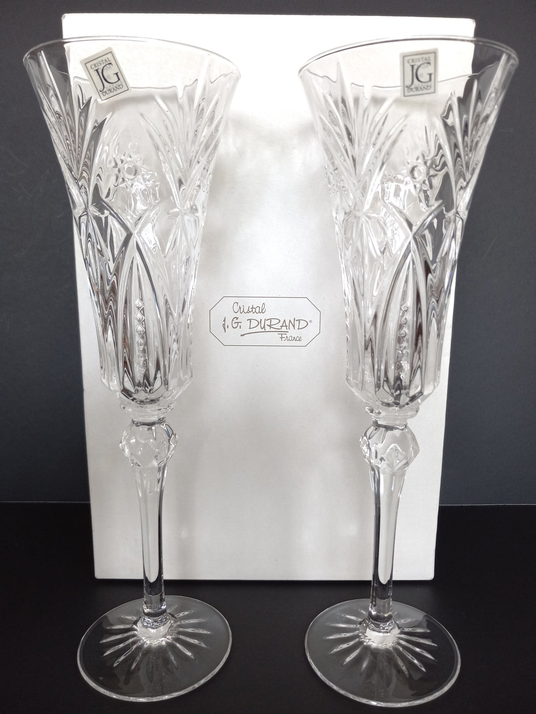 Pair of Cristal Champagne Flutes by J G Durand France