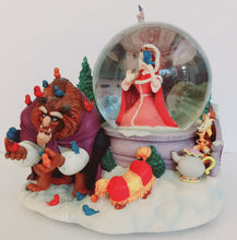 Load image into Gallery viewer, Disney&#39;s Beauty and the Beast Musical Snow Globe with the Beast Feeding Birds