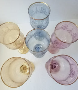 Vintage From "Italian Decor " Colored Crystal Etched Wine Glasses - Set of 6 in Original Box