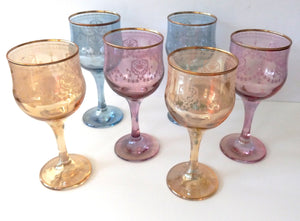 Vintage From "Italian Decor " Colored Crystal Etched Wine Glasses - Set of 6 in Original Box