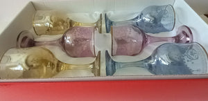 Vintage From "Italian Decor " Colored Crystal Etched Wine Glasses - Set of 6 in Original Box