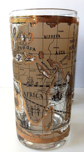 Vintage Cera "Old World Atlas Map" Cocktail Tumblers Embossed in 22k Gold Set of 7