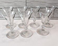 Load image into Gallery viewer, Set of 7 Vintage Cordial Cone Shaped Glasses with Stylized Stems - Mid-Century Style Glassware for Elegant Entertaining