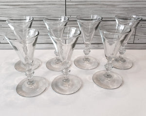 Set of 7 Vintage Cordial Cone Shaped Glasses with Stylized Stems - Mid-Century Style Glassware for Elegant Entertaining