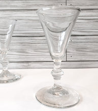 Load image into Gallery viewer, Set of 7 Vintage Cordial Cone Shaped Glasses with Stylized Stems - Mid-Century Style Glassware for Elegant Entertaining