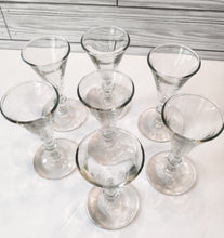 Load image into Gallery viewer, Set of 7 Vintage Cordial Cone Shaped Glasses with Stylized Stems - Mid-Century Style Glassware for Elegant Entertaining