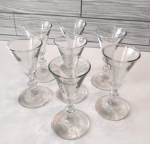 Load image into Gallery viewer, Set of 7 Vintage Cordial Cone Shaped Glasses with Stylized Stems - Mid-Century Style Glassware for Elegant Entertaining