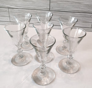 Set of 7 Vintage Cordial Cone Shaped Glasses with Stylized Stems - Mid-Century Style Glassware for Elegant Entertaining