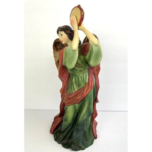 Mark O'Well Hand Painted Angel in Green Robe Playing Tambourine