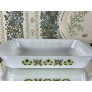 Anchor Hocking Fire King Meadow Green Pattern Casserole Dish #432, 1.5 Quart Vintage Bakeware, White Glass Baking Dish