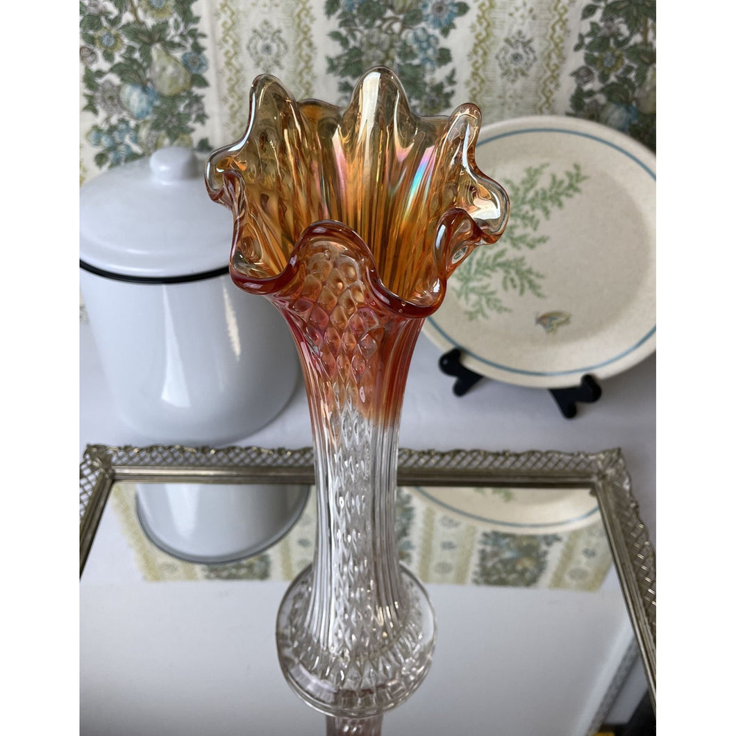 Vintage Marigold Carnival Glass Vase, Swung Iridescent Glass Vase