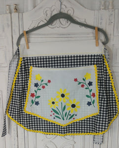 Hand-made Cotton Black and White Gingham and Daisy Half-Apron