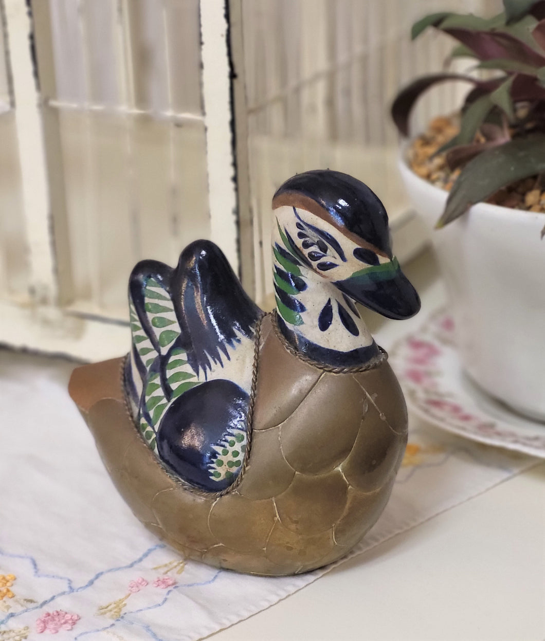Brass and Ceramic Hand Painted Vintage Mexican Folk Art Duck Figurine