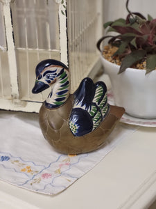 Brass and Ceramic Hand Painted Vintage Mexican Folk Art Duck Figurine