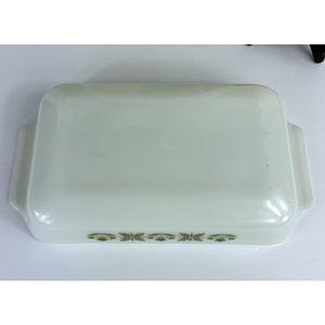 Anchor Hocking Fire King Meadow Green Pattern Casserole Dish #432, 1.5 Quart Vintage Bakeware, White Glass Baking Dish