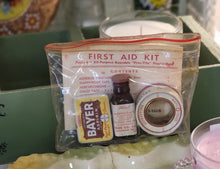 Load image into Gallery viewer, Vintage First Aid Kit in &quot;Pres-Tite&quot; Plastic Bag including Bufferin Bottle
