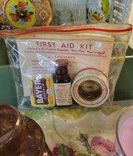 Load image into Gallery viewer, Vintage First Aid Kit in &quot;Pres-Tite&quot; Plastic Bag including Bufferin Bottle