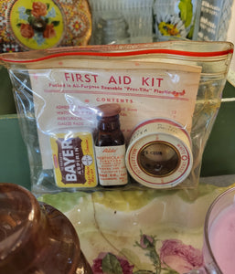 Vintage First Aid Kit in "Pres-Tite" Plastic Bag including Bufferin Bottle