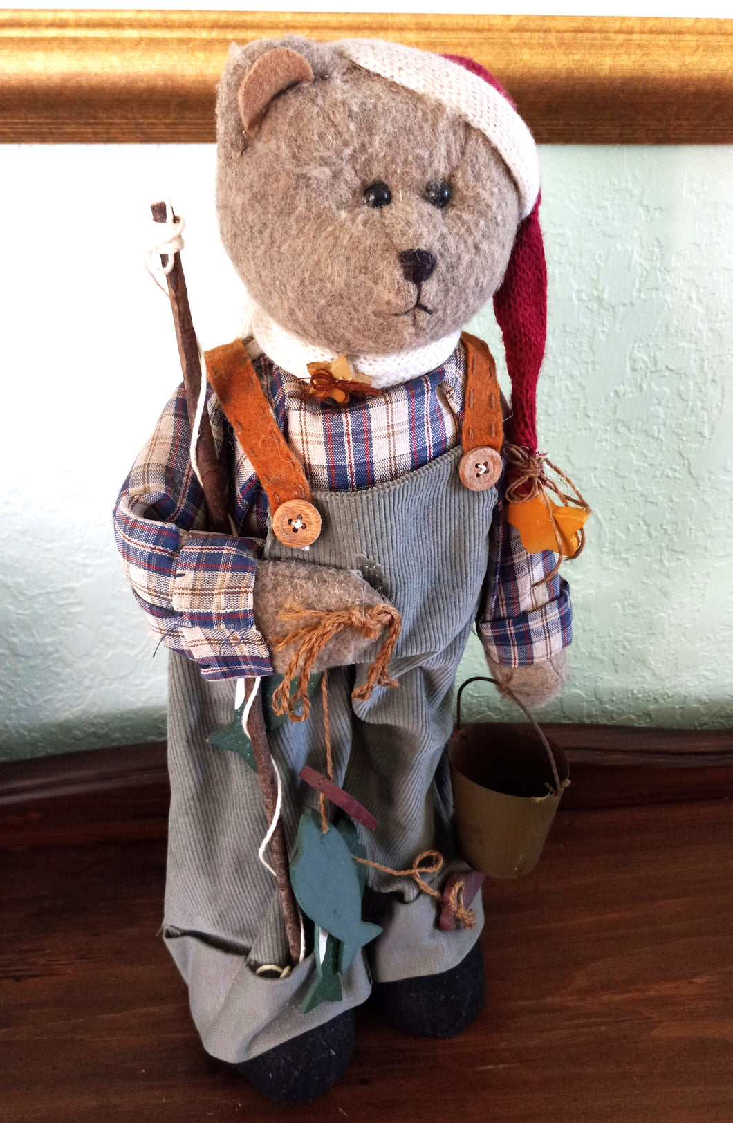 Vintage Stuffed Fishing Bear with Fish