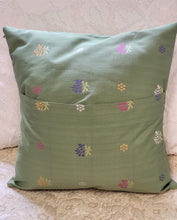 Load image into Gallery viewer, Handmade Green 16&quot; Decorative Pillows with Machine Embroidered Floral Designs