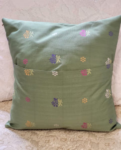 Handmade Green 16" Decorative Pillows with Machine Embroidered Floral Designs