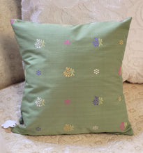Load image into Gallery viewer, Handmade Green 16&quot; Decorative Pillows with Machine Embroidered Floral Designs