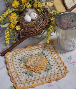 Vintage Crocheted Trivet - Yellow Rose